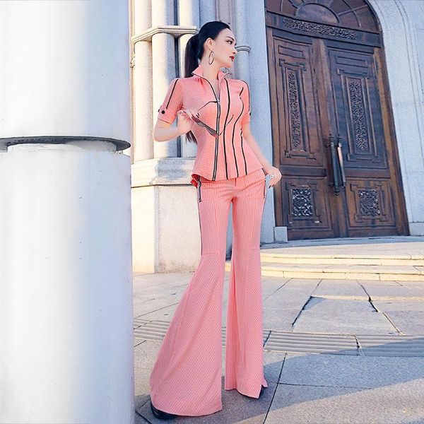 women's two piece pants 2021 summer zipper set elegant stripes pieces suit office ladies short sleeve blouse coat with flare, White
women's two piece pants 2021 summer zipper set elegant stripes pieces suit office ladies short sleeve blouse coat with flare, White