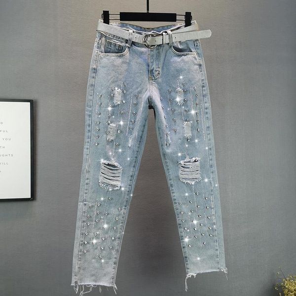 thin beaded denim women jeans summer high waist hole straight ankle length female women's, Blue
thin beaded denim women jeans summer high waist hole straight ankle length female women's, Blue