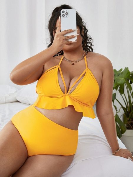 plus ruffle hem harness bikini swimsuit 830e#, Black 
plus ruffle hem harness bikini swimsuit 830e#, Black