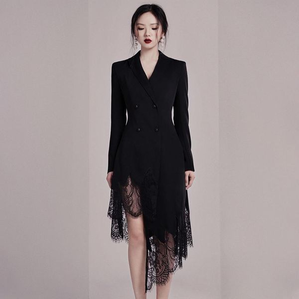women black notched collar autumn lace patchwork party dress vestidos ladies irregular casual slim dresses 210514, Black;gray
women black notched collar autumn lace patchwork party dress vestidos ladies irregular casual slim dresses 210514, Black;gray
