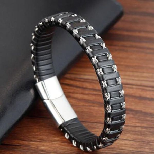 charm bracelets men's casual black leather bracelet punk metal chain magnetic clasp jewelry, Golden;silver
charm bracelets men's casual black leather bracelet punk metal chain magnetic clasp jewelry, Golden;silver