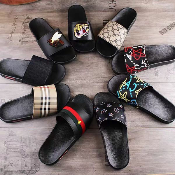 slippers letter embroidery design leather flat shoes pantoufle summer man women beach lady slipper 35~45 with box, Black