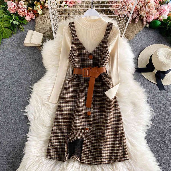 two piece dress manner of temperament lady suit long sleeve solid-colored sweater + retro plaid wool girdle dress two parts 0oib, White 
two piece dress manner of temperament lady suit long sleeve solid-colored sweater + retro plaid wool girdle dress two parts 0oib, White