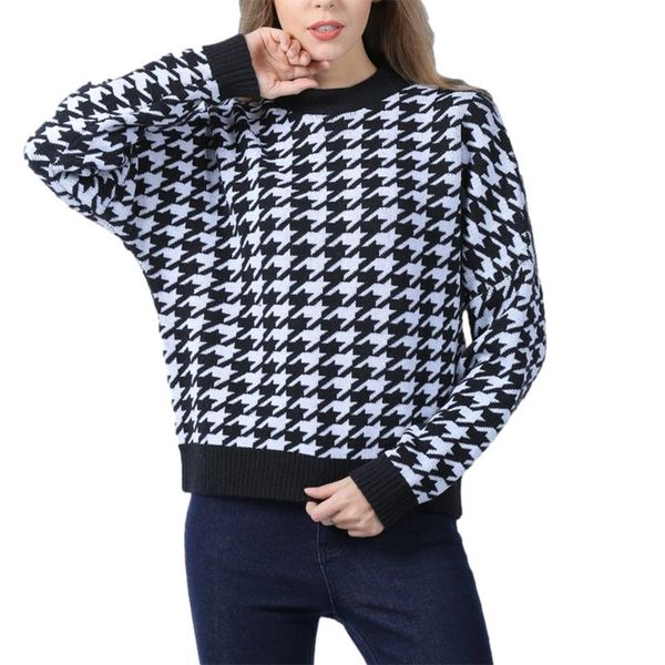 women's sweaters women knitted pullover with houndstooth pattern, sweater casual retro loose version spring clothing, White;black
women's sweaters women knitted pullover with houndstooth pattern, sweater casual retro loose version spring clothing, White;black