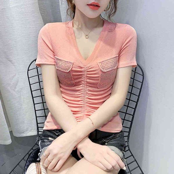 women's t-shirt summer european clothes t-shirt fashion folds v-neck pocket diamonds women ropa mujer short sleeve lace up te, White
women's t-shirt summer european clothes t-shirt fashion folds v-neck pocket diamonds women ropa mujer short sleeve lace up te, White