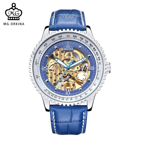 blue leather band mg.orkina clock men casual men's watches skeleton steampunk mechanical watch reloj esqueleto hombre wristwatches, Slivery;brown
blue leather band mg.orkina clock men casual men's watches skeleton steampunk mechanical watch reloj esqueleto hombre wristwatches, Slivery;brown