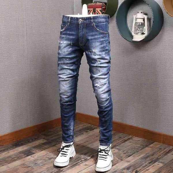 men's jeans italian style fashion men elastic slim fit painted designer ripped denim pants streetwear hip hop trouser, Blue
men's jeans italian style fashion men elastic slim fit painted designer ripped denim pants streetwear hip hop trouser, Blue