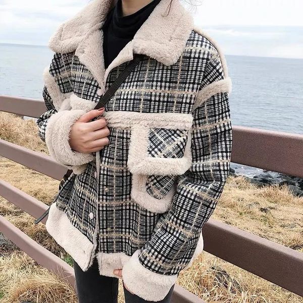 women's wool & blends lambswool women warm jacket winter thicken plaid patchwork short woolen coat vintage plus velvet plush loose casu, Black
women's wool & blends lambswool women warm jacket winter thicken plaid patchwork short woolen coat vintage plus velvet plush loose casu, Black