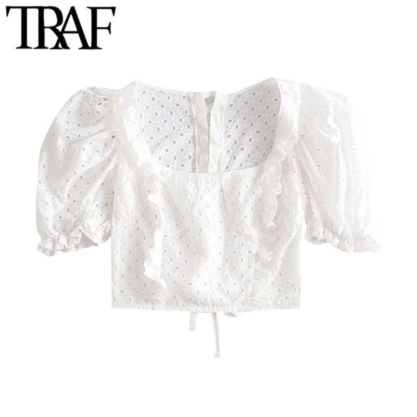 women fashion cutwork embroidery ruffles cropped blouses vintage puff sleeve back lace-up female shirts chic 210507, White
women fashion cutwork embroidery ruffles cropped blouses vintage puff sleeve back lace-up female shirts chic 210507, White