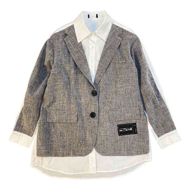 women white shirt gray blazer patchwork pocket button notch collar oversize spring autumn fall c0328 210514, White;black
women white shirt gray blazer patchwork pocket button notch collar oversize spring autumn fall c0328 210514, White;black
