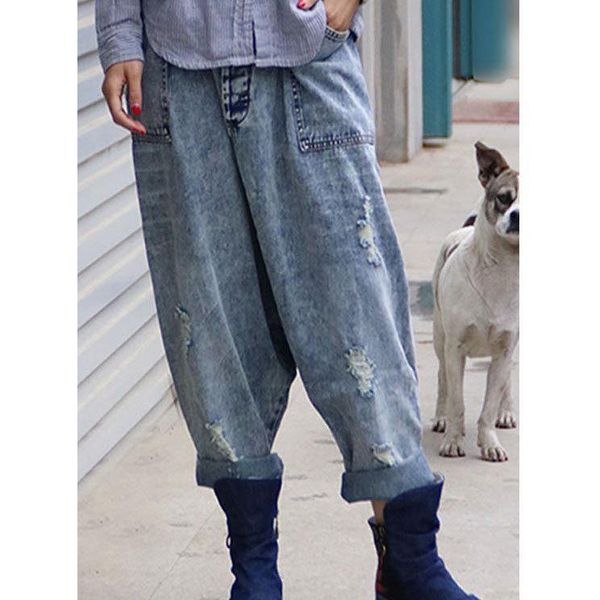 women's jeans ladies plus size harem pants denim crotch ripped loose literary, Blue
women's jeans ladies plus size harem pants denim crotch ripped loose literary, Blue