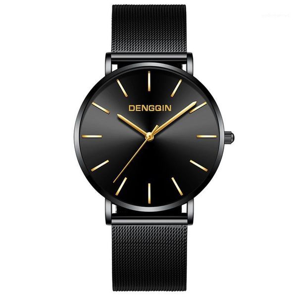 

wristwatches dengqin fashion luxury mens watch black dial stainless steel date quartz analog sport men clock wrist watches relojes hombre, Slivery;brown