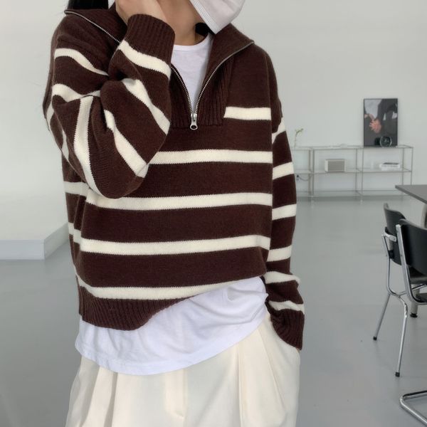 women's knits & tees striped navy lapel zip-up cardigan sweater woman, White
women's knits & tees striped navy lapel zip-up cardigan sweater woman, White