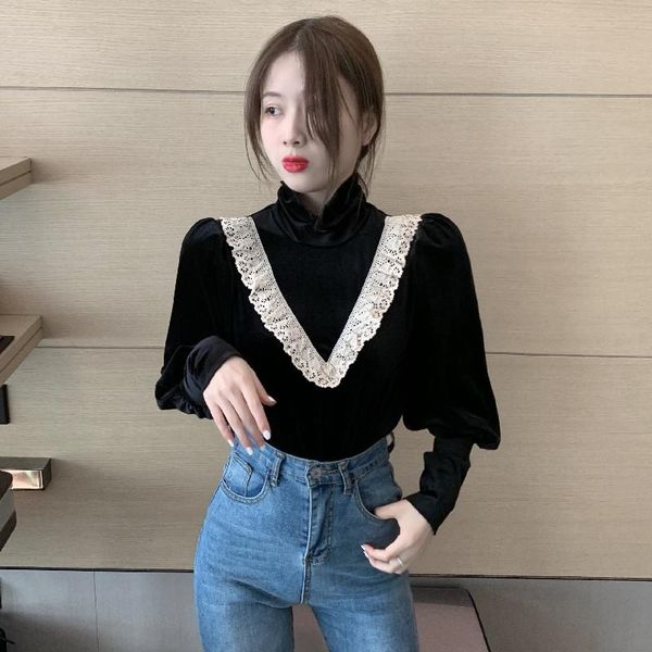 women's t-shirt vintage hong kong style pleuche shirts lace panelled patchwork turtleneck women puff sleeve femme blusas, White
women's t-shirt vintage hong kong style pleuche shirts lace panelled patchwork turtleneck women puff sleeve femme blusas, White