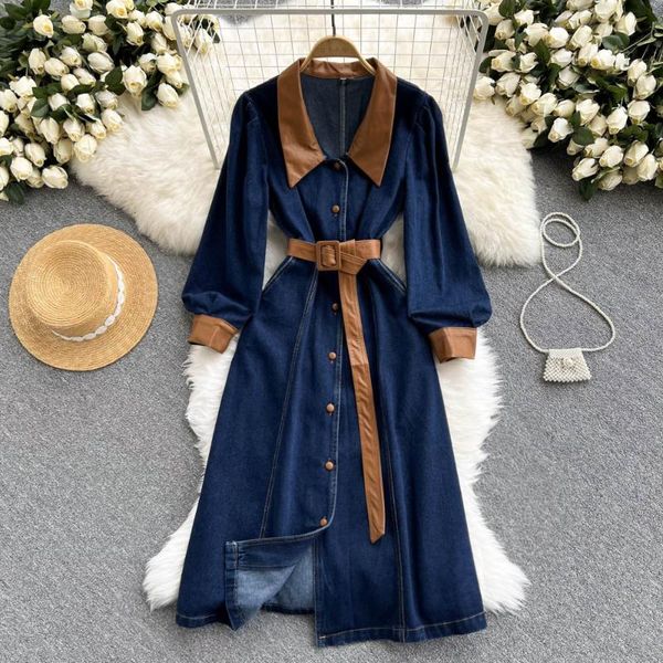 casual dresses women denim dress vintage style pu leather patchwork v-neck long sleeve single breasted a-line elegant jeans with belt, Black;gray
casual dresses women denim dress vintage style pu leather patchwork v-neck long sleeve single breasted a-line elegant jeans with belt, Black;gray