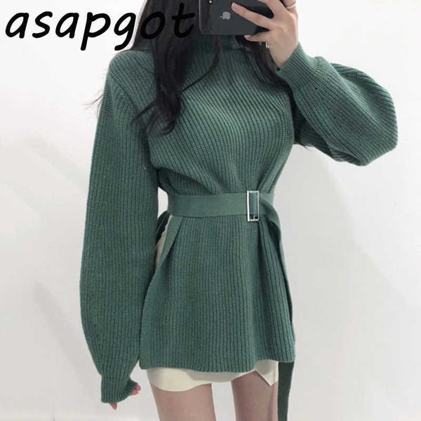 sweater chic korean fall winter vintage half turtleneck loose side split lace up knitted sweater women with belt green grey 210610, White
sweater chic korean fall winter vintage half turtleneck loose side split lace up knitted sweater women with belt green grey 210610, White