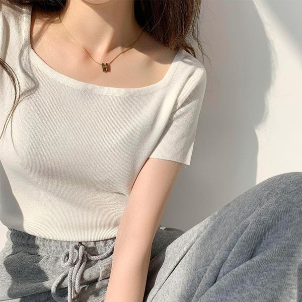 solid square neck t-shirt women's korean style simple loose t-shirts woman casual slim short ladies summer 2021, White 
solid square neck t-shirt women's korean style simple loose t-shirts woman casual slim short ladies summer 2021, White