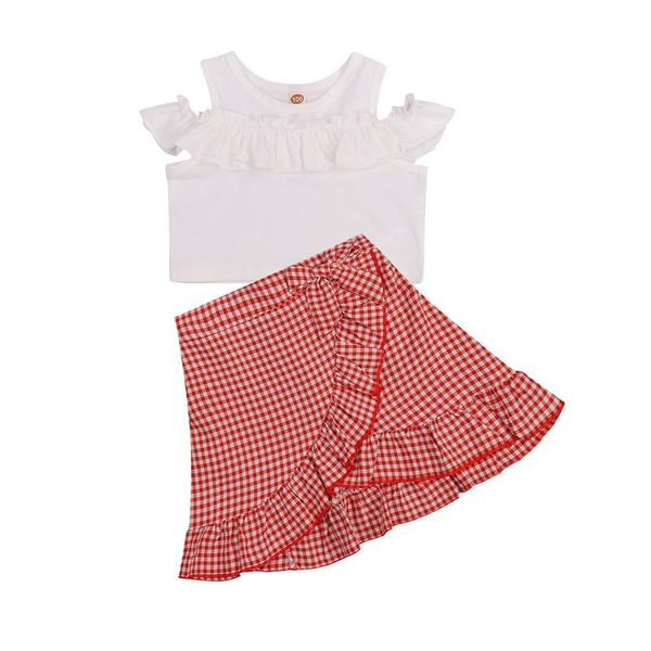 girls summer outfits off shoulder flounce t-shirts plaid ruffle skirt for children girl casual vocation 2pc clothing sets, White
girls summer outfits off shoulder flounce t-shirts plaid ruffle skirt for children girl casual vocation 2pc clothing sets, White