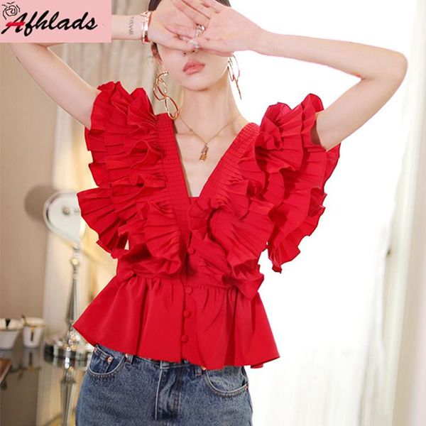 women's blouses & shirts spring and summer v-neck clothing red pleated ruffled sleeveless fashion single-breasted blouse, White
women's blouses & shirts spring and summer v-neck clothing red pleated ruffled sleeveless fashion single-breasted blouse, White