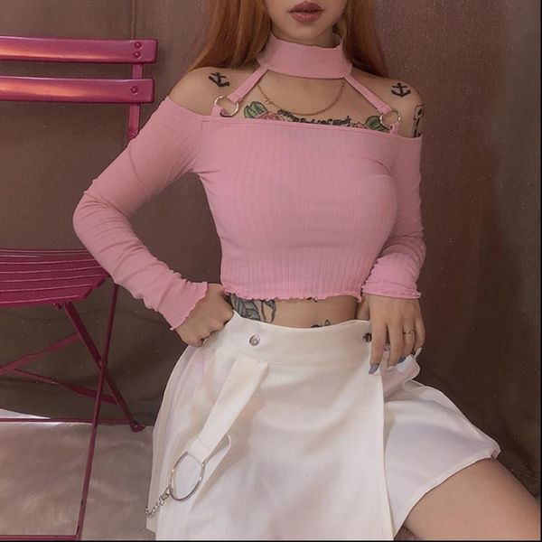 off shoulder cotton knitted thread womens t shirt slim ruffles autumn korean solid color long sleeve pink short, White
off shoulder cotton knitted thread womens t shirt slim ruffles autumn korean solid color long sleeve pink short, White