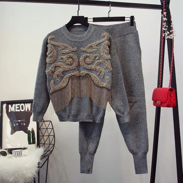 women's two piece pants autumn winter women two-piece set beadig tassel loose o-neck pullovers + knitted long trousers casual female tr, White
women's two piece pants autumn winter women two-piece set beadig tassel loose o-neck pullovers + knitted long trousers casual female tr, White