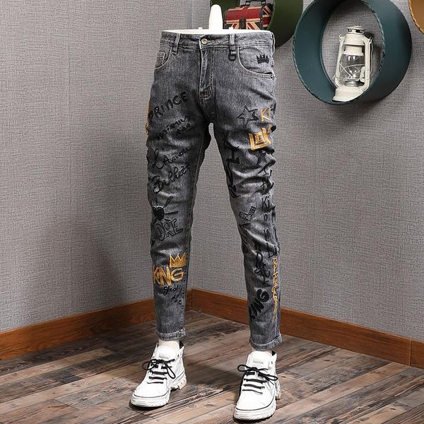 men's jeans ly streetwear fashion men retro gray elastic slim fit ripped embroidery designer hip hop denim pencil pants, Blue
men's jeans ly streetwear fashion men retro gray elastic slim fit ripped embroidery designer hip hop denim pencil pants, Blue