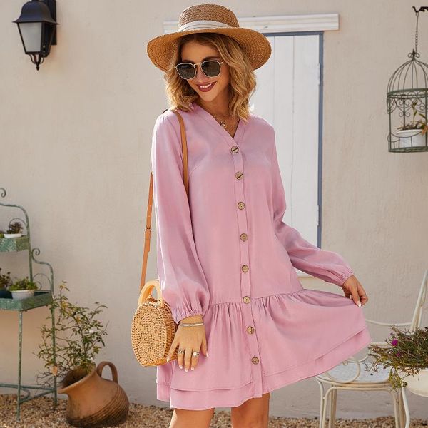 sweet pink long sleeve mini dress for women spring v neck ruffles party dresses button female vestidos casual, Black;gray
sweet pink long sleeve mini dress for women spring v neck ruffles party dresses button female vestidos casual, Black;gray