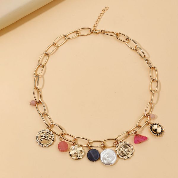 necklace women's retro gold clavicle chain pearl sun coin mixed color pendant, Silver
necklace women's retro gold clavicle chain pearl sun coin mixed color pendant, Silver