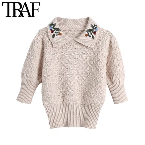 women fashion floral embroidery knitted sweater vintage peter pan collar short sleeve female pullovers chic 210507, White;black
women fashion floral embroidery knitted sweater vintage peter pan collar short sleeve female pullovers chic 210507, White;black