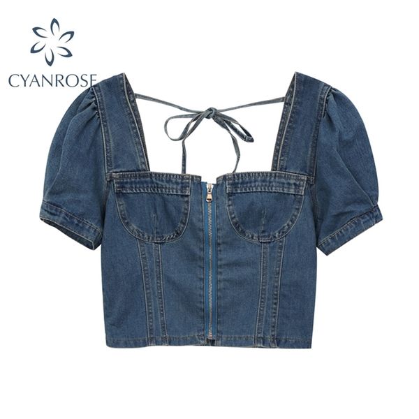 short sleeve crop denim blouses women back lace-up vintage slim summer shirt and blusas zipper mujer 210515, White
short sleeve crop denim blouses women back lace-up vintage slim summer shirt and blusas zipper mujer 210515, White