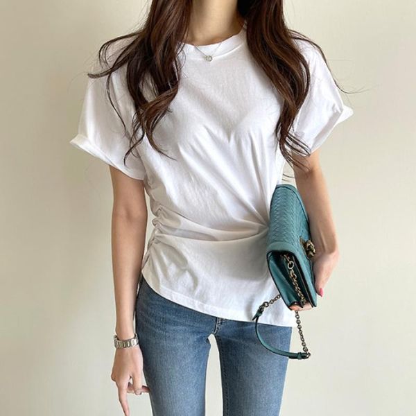 women's t-shirt superaen 2021 summer korean chic round neck side folds solid color short-sleeved women kawaii tees, White
women's t-shirt superaen 2021 summer korean chic round neck side folds solid color short-sleeved women kawaii tees, White