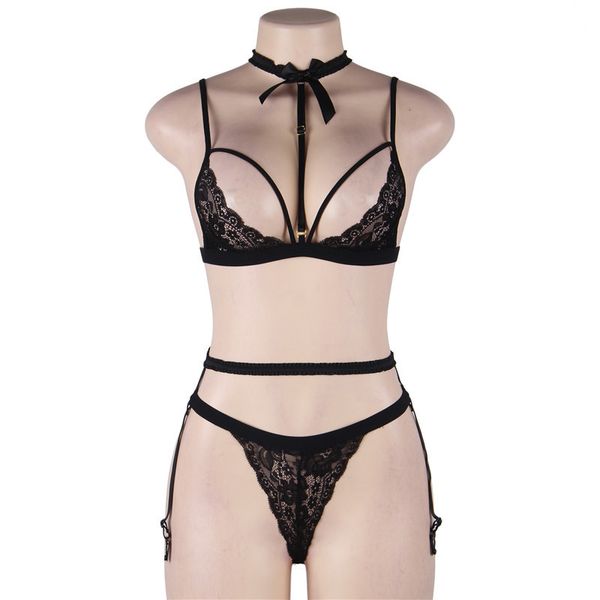 bra set lingerie neck lace underwear garter three point suit r80873, Red;black