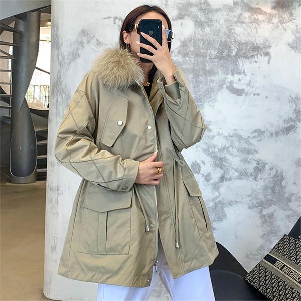 women's fur & faux 2021 winter big raccoon collar parkas female korean casual belted mid-length detachable real liner coat, Black 
women's fur & faux 2021 winter big raccoon collar parkas female korean casual belted mid-length detachable real liner coat, Black