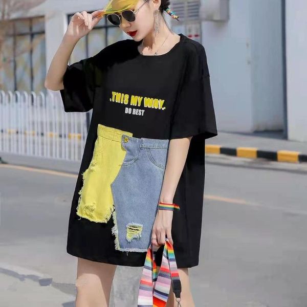 women's t-shirt jean patchwork t shirt fashion women irregular pullover 2021 summer harajuku long loose tee short sleeve creative xc48, White
women's t-shirt jean patchwork t shirt fashion women irregular pullover 2021 summer harajuku long loose tee short sleeve creative xc48, White