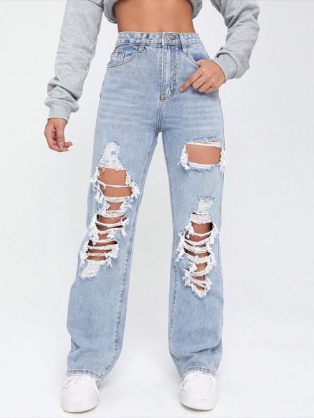 light washed cut out ripped straight leg jeans n9ih#, Blue
light washed cut out ripped straight leg jeans n9ih#, Blue