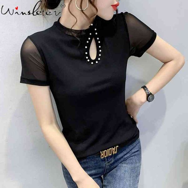 women's t-shirt summer european clothes mesh fashion hollow out beads women short sleeve all match casual tees t14003a f, White
women's t-shirt summer european clothes mesh fashion hollow out beads women short sleeve all match casual tees t14003a f, White