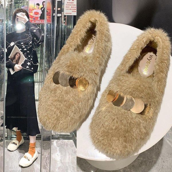 boots metal casual winter warm flat women snow natural fur plush furry wool plus velvet size comfortable 2021, Black