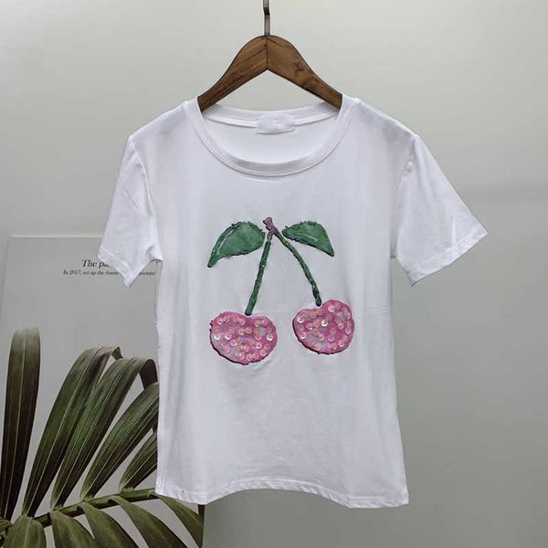 women's t-shirt fashionable ladies casual cherry applique sequin op short sleeved o neck female cn0h, White
women's t-shirt fashionable ladies casual cherry applique sequin op short sleeved o neck female cn0h, White
