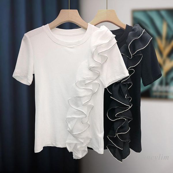 women's t-shirt ruffled diamond-embedded for women slim-fit short sleeve irregular tees lady chic white black summer
women's t-shirt ruffled diamond-embedded for women slim-fit short sleeve irregular tees lady chic white black summer