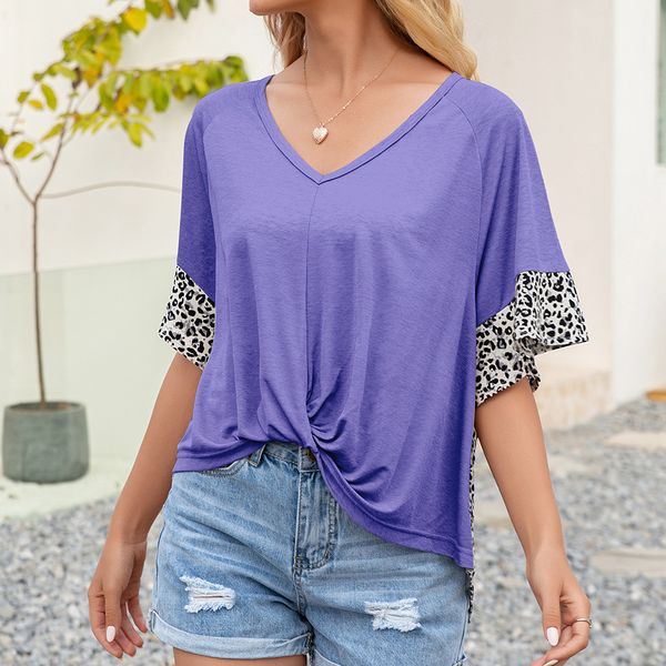 2021 summer new women's fashion leopard stitched raglan knotted short sleeve t-shirt, White
2021 summer new women's fashion leopard stitched raglan knotted short sleeve t-shirt, White