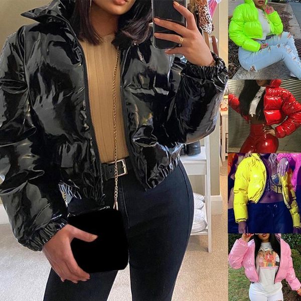 women long sleeve zipper puffer jacket shiny metallic faux leather cropped coat, Black
women long sleeve zipper puffer jacket shiny metallic faux leather cropped coat, Black