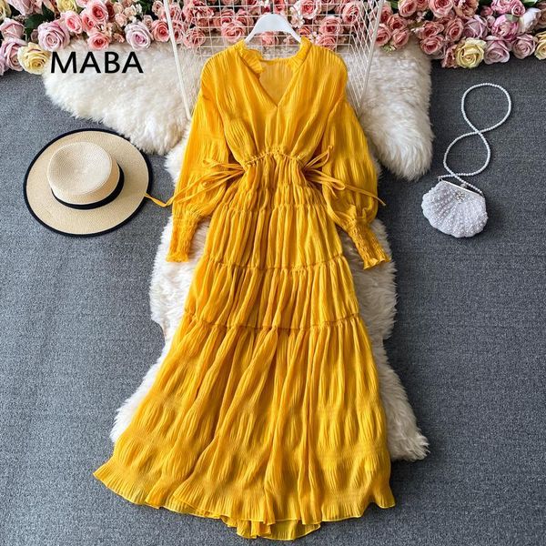 casual dresses boho chiffon dress autumn women v-neck long sleeve elastic waist solid folds midi party runway luxury vestidos, Black;gray
casual dresses boho chiffon dress autumn women v-neck long sleeve elastic waist solid folds midi party runway luxury vestidos, Black;gray