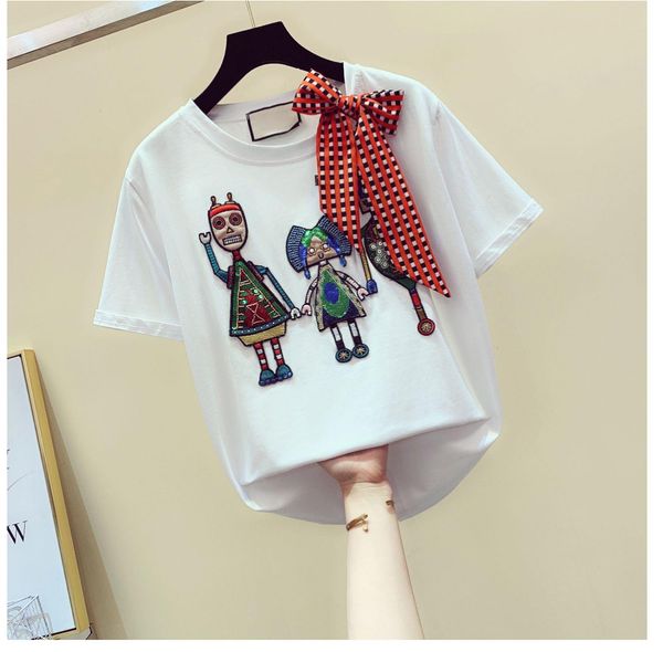 embroidery sequins cartoon womens short sleeve o neck bow tee femme cotton loose summer, White
embroidery sequins cartoon womens short sleeve o neck bow tee femme cotton loose summer, White
