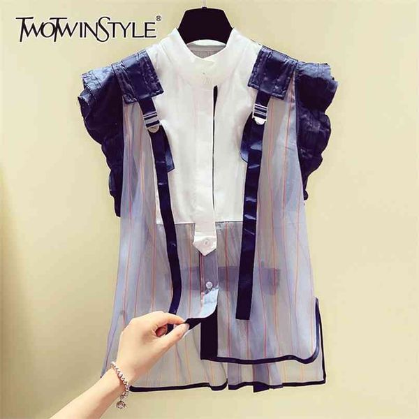 striped patchwork ruffle shirt for women stand collar sleeveless casual hit color blouse female fashion 210524, White
striped patchwork ruffle shirt for women stand collar sleeveless casual hit color blouse female fashion 210524, White