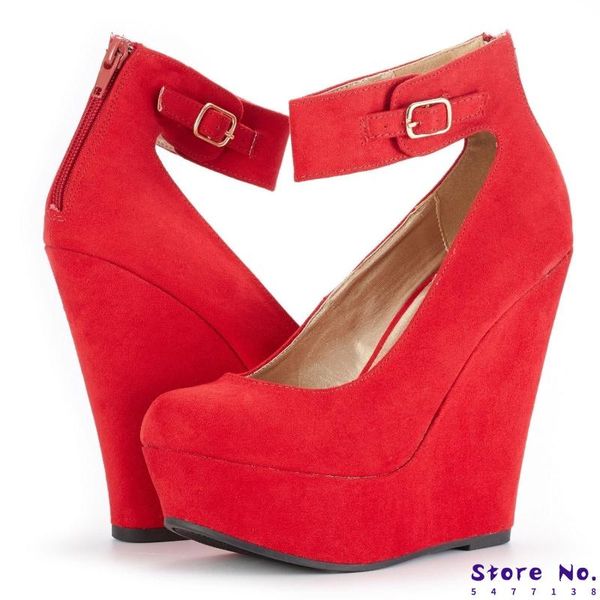 dress shoes flock buckle bowtie ankle strap high heels for women platform wedges female pumps women's red wedding shoe, Black