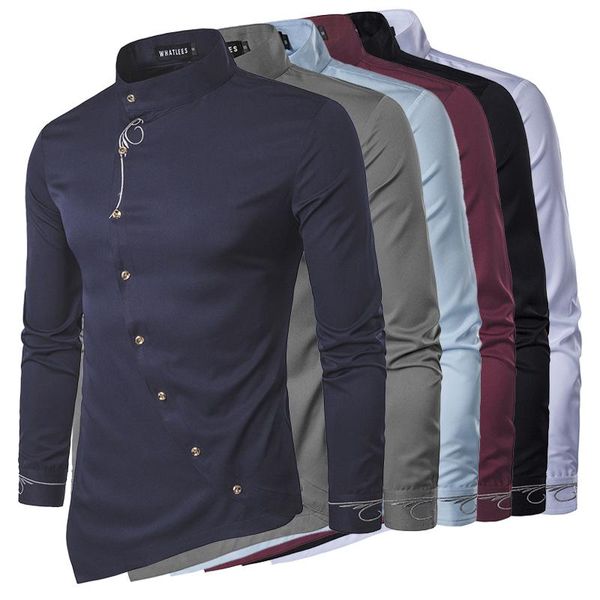men's casual shirts vintage irregular hem stand collar long sleeve dress shirt wedding party loose button up, White;black
men's casual shirts vintage irregular hem stand collar long sleeve dress shirt wedding party loose button up, White;black