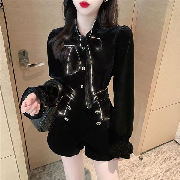 women's tracksuits autumn and winter style shorts two-piece fashion retro velvet rhinestone ribbon blouse +high waist button set, Gray
women's tracksuits autumn and winter style shorts two-piece fashion retro velvet rhinestone ribbon blouse +high waist button set, Gray