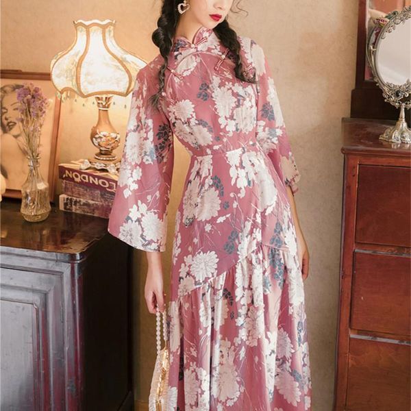 vintage slim printed cheongsam dress women summer 2021 fashion girl irregular ruffle design trumpet sleeve elegant chic qipao casual dresses, Black;gray
vintage slim printed cheongsam dress women summer 2021 fashion girl irregular ruffle design trumpet sleeve elegant chic qipao casual dresses, Black;gray