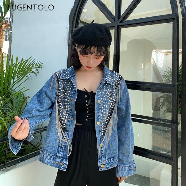 women's jackets lugentolo denim jacket women studded tassel short loose korean retro fashion spring turn-down collar long sleeve, Black;brown
women's jackets lugentolo denim jacket women studded tassel short loose korean retro fashion spring turn-down collar long sleeve, Black;brown