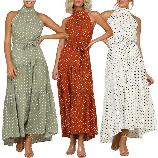 casual dresses fashion ladies dress polka dot print round neck mid-waist sleeveless summer ruffle vestido de mujer, Black;gray 
casual dresses fashion ladies dress polka dot print round neck mid-waist sleeveless summer ruffle vestido de mujer, Black;gray